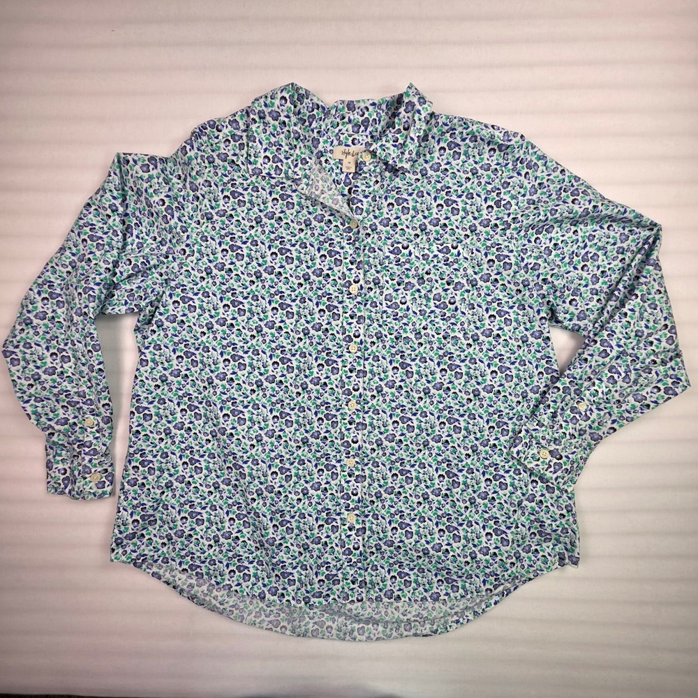 Style & Co Womens 1X Floral Button Down Shirt Blue Green Long Sleeve Cotton